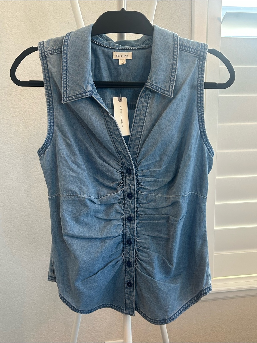 Anthropologie Pilcro Ruched Chambray Sleeveless Button Top, Size S, NWT
